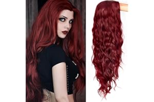 LYPPUL Damen Perücke Rot mit Pony, 28 Zoll gewellte Perücken für Frauen, lange Wasser-gewellte Perücke, Hitzebeständige Faser Synthetische Perücke für Alltag/Party/Cosplay(weinrot)……