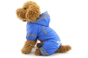 SELMAI Small Dog Raincoat Hooded Mesh Lined Soft Waterproof Lightweight Puppy Pet Rain Poncho Jacket Jumpsuit with Strip Blue S