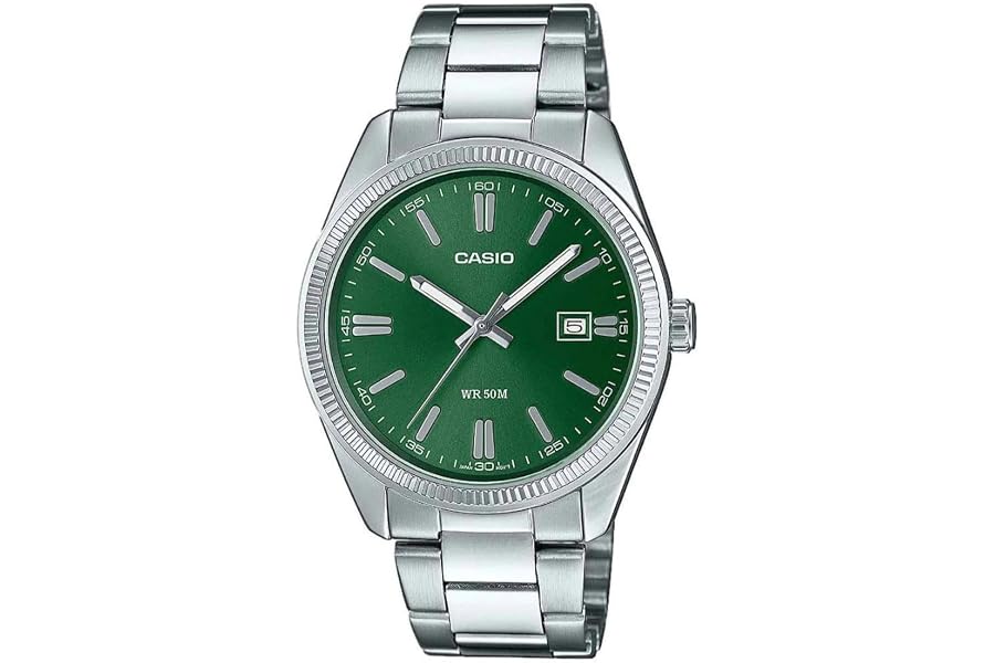 Casio Reloj Cuarzo Unisex 39.00mm con dial Analógico Verde y Correa de Pulsera de Metal Plata MTP-1302PD-3AVEF