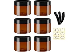 Apstaqeoo - Juego de 6 tarros vacíos de plástico ámbar de 100 ml con tapas negras, 3 espátulas y 6 etiquetas. Recipientes redondos de cosméticos rellenables, tarros de viaje para loción, ungüentos,