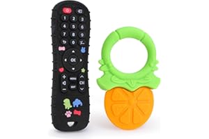 GNAWRISHING Baby Teething Toys for Babies 0-36 Months, 2Pcs Food Grade Silicone Teethers, Infant Teething Relief, Baby Teething Toys TV Remote Control and Fruit Teether Shape