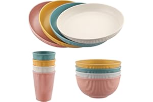FUNYKICH 12pcs Camping Geschirr Set für 4 Personen, Leicht & Unzerbrechlich & Wiederverwendbar BPA-Frei Geschirrsets mit Teller, Schüssel, Tassen, Geschirr Sets für Picknick, Camping(Bunt)