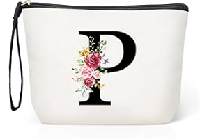 HAMATATA Grande Neceser Maquillaje Mujer Personalizado Inicial, Bolsa de Cosméticos de Lona de Letras, Neceser de Maquillaje de Viaje, Regalo Cumpleaños Navidad para Mujeres Novias Mejores Amigas（P）