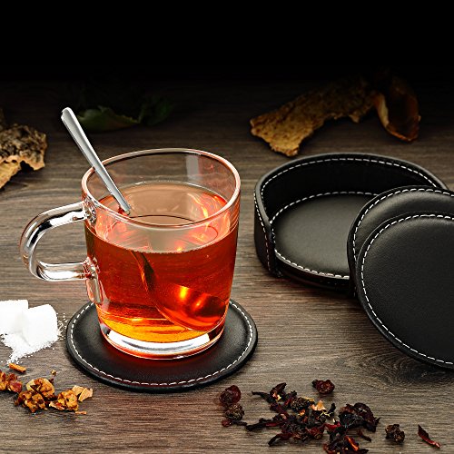 GranFore Premium Glasuntersetzer aus PU Leder – 4 Stück inkl. Aufbewahrungsbox – Edle Lederuntersetzer für Gläser – Optimale Untersetzer für empfindliche Oberflächen – 10 cm, schwarz - 6