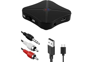 QAUM Bluetooth 5.0 Audio Transmitter and Receiver, Aux Blue tooth Adapter, 2 in 1 Wireless Bluetooth Audio Adapter Compatible with PC, TV, Headphones, Soundbar, Car TV, MP3, Home Stereo System, Speakers