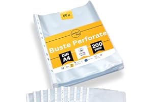 perfect line 200 Buste trasparenti anelli a4 perforate DIN-A4, bustine trasparenti, zigrinata, prive di acidi e valide per documenti ufficiali, Made in EU