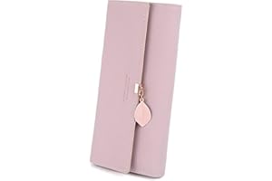 RRANCharltu Portefeuille Femme Longue Porte-Cartes Porte-Monnaie à glissière avec Feuille Pendentif en PU Cuir, 10 Emplacements Cartes pour Cadeau de Noël Saint-Valentin (Rose)