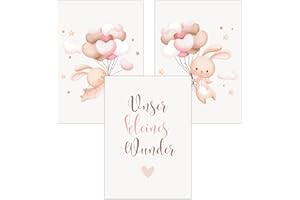 FAVELOT Poster Kinderzimmer Mädchen A4 - Hasen, Herzen, Rosa - Bilder Babyzimmer Deko - Deutscher Premium-Druck - 3er Set Din A4