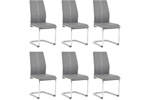 Colorig Faux Leather Dining Chairs Set of 6, High Backrest Kitchen Chairs with U Shape Chrome Metal Legs, Easy Clean Chair for Living Room Dining Room Office Kitchen (6, Grey)