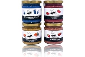 ‎GREGA´S IMKEREI Gregas Imkerei 4er Box – Honigsüßer Brotaufstrich aus Familienimkerei mit gefriergetrockneten Früchten verfeinert – Probier- & Geschenkset | 4x 250g (Erdbeere, Himbeere, Sanddorn & Spirulina Blau)