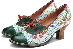 CrazycatZ Womens Leather Colorful Mary Jane Shoes with bow, Vintage Patchwork Mary Janes Pumps