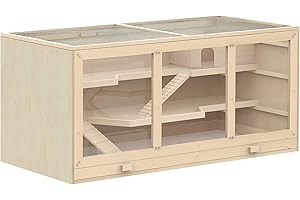 PawHut Cage pour Hamster à 2 Niveaux avec Toit ouvrant, fenêtres et cabane, Habitat pour Petits rongeurs, Cage gerbilles, 2 rampes et Plateau Amovible, 115 x 57 x 55 cm, Effet Bois Naturel