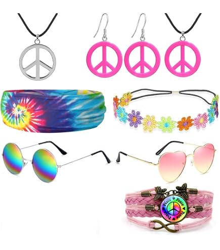 Set Completo Costume Hippie Donna Anni '60 E '70 – Include Mantello, Fascia, Orecchini, Collana E Occhiali – Ideale Per Feste A Tema, Carnevale, Halloween E Cosplay