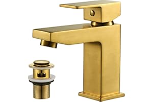 HPWVKVDB Basin Mixer Tap with Pop Up Waste, Brushed Gold Bathroom Sink Taps Mono Square Basin Taps Single Handle Bathroom Mixer Taps with Hot and Cold Hoese for Cloakroom, Washroom