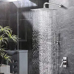 Mily Stainless Steel, Brass 12 Inches, 24 Inches Rain Shower Head With Shower Arm, Silver, Chrome, Mirror Polished Finish