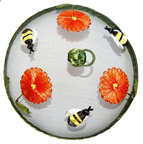 Entzückende Abdeckhaube "Ringelblumen und Bienen" - Mesh mit Stickerei aus Bast