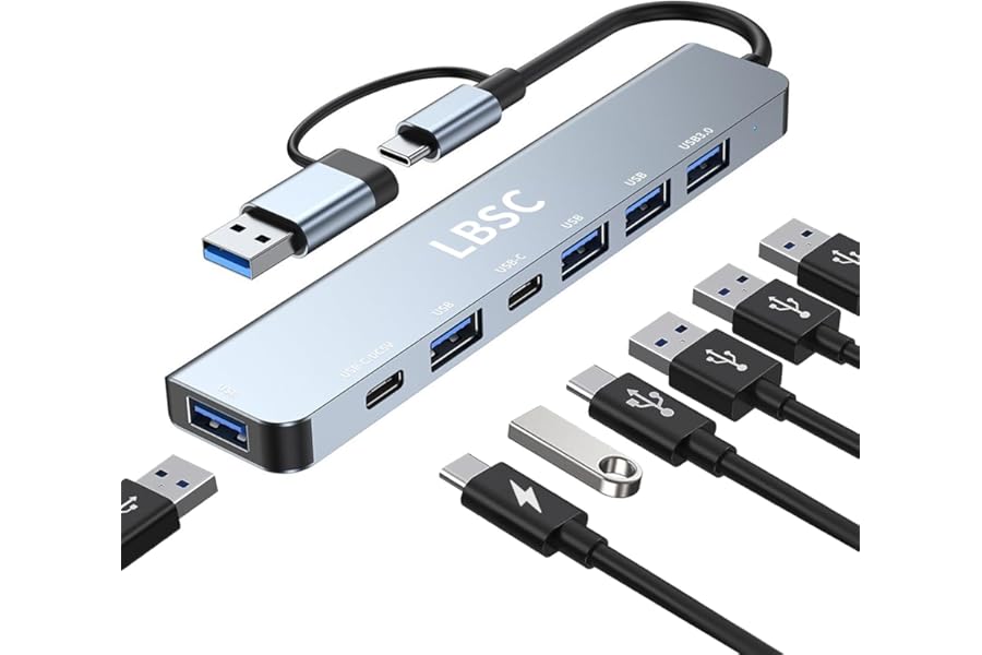 USB C Hub, 7 in 1 USB Splitter Multiport Adapter, Usb Hub For Laptop,MacBook,PS5/PS4, Switch, Printer, USB Fan, Flash Drive (A+C 7 in 1)