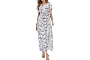 HAOLEI Maxi Dresses for Women UK Sale Clearance Polka Dot Short Sleeve Summer Dresses with Belt Evening Party Holiday Elegant Ladies Wedding Guest Dress Beach Boho Hawaiian Dress Sundress Long Dresses