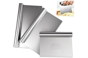 DHISPERARES 3 Piezas Rasqueta Cortadora de Acero Inoxidable Multiusos con Escala de Medición, 15/20/25cm Gran Rasqueta de Masa, Raspador de Pizza, Cortador de Masa, Rascador de Cocina para Tartas, Tartas, Pizza