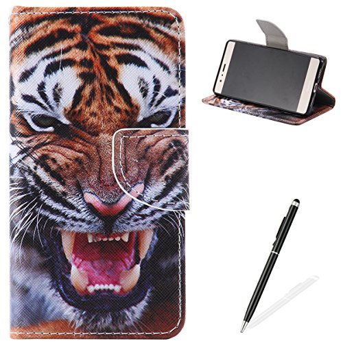 Feeltech HUAWEI P9 Lite Hülle [Berühren Sie Stift] Elegant PU Leder Tasche Magnetverschluss Ultra Schlanke hülle Gemalte Colour Muster Design Mit Back Cover Etui Skin Shell Purse hülle Standfunktion Kredit Kartenfächer Folio Mit Karten Geldscheinfach im Bookstyle Schale Für HUAWEI P9 Lite - Tiger