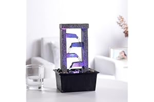 GOSSI 10" H 4 Tiered Cascading Rectangle Indoor Desktop Fountain with Natural River Rocks and RGB LED Lights Home/Office Decoration Meditiation Resin waterfull Tabletop Fountain