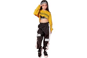 LOLANTA 3-Piece Girls Stylish Hip Hop Clothes, Kids Graphic Hoodie & Trousers Clothes Set Match Cropped Tank Top, Yellow/Purple/Red 4-15 Years