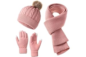 Airuzara Winter Accessory Set Knit Beanie Hat Scarf and Gloves Combo Cold Weather Knitted Hat Long Scarf Touchscreen Gloves Christmas Birthday Gifts