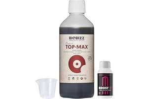 GROWMANIA.ES GROWMANIA Top Max von BioBizz 500 ml + Probe Boost Up von Up Nutrients + Messbecher | Blütenstimulator für städtische Gärten | Vergrößert Blumenmenge und -größe