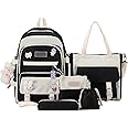 XTRANSF Kawaii Backpack 5pcs Set Aesthetic School Bags, Japanese Backpack with Badge & Pendant, Backpack Cute Aesthetic (E-Black)