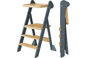 COSYLAND Tour d’Observation Montessori Enfant Pliable – If Design Award, Tour d’Apprentissage en Bois Réglable en Hauteur dès 1 an avec Filet de Sécurité, Kitchen Helper Bébé – Slate Blue & Naturel