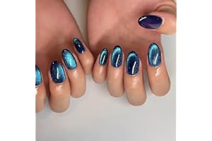 AGASAR 24pcs Short Oval False Nails Blue Cat Eye Stick on Nails Glittery Press on Nail Removable Glue on Full Cover Fake Nail Art Accessories for Women