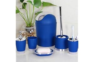 FINGEY Bathlux Modern Design 6 Piece Bathroom Accessory Set, Toilet Brush, Waste Bin, Soap Dish, Tooth Brush Holder Soap Dispenser, Rinse Cup (Blue)