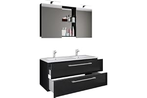 VCM badrumsmöbler tvättställ svart 112 x 46 x 127 cm 2 lådor set förvaring | Stort tvättställsset med gott om lagringsutrymme – familjebadrum – för stora familjer – trämaterial, handfat av keramik