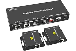 VEDINDUST HDMI Splitter Extender 1 in 2 out 50m (165ft), Over Cat5e / 6/7 Ethernet HDMI Transmisor Receptor Compatible con EDID Presets 1080p POC (Solo Necesita alimentación TX para Trabajar)