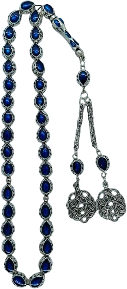 Oftenadmire Gümüş Renk Mine İşleme Metal Tesbih, İkili Kazaz Model Metal Püskül, Hediye Kutulu