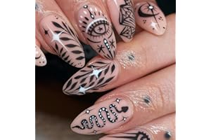 JUSTOTRY 24 Pcs Oval Short False Nails with Snake and Star Pattern,Black French Press on Nails,Fake Nails Short with Nail Glue,Almond Medium Stick on Nails for Women,Nails Fake Nail for Nails Art