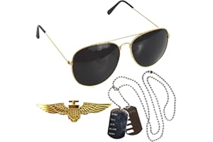 I LOVE FANCY DRESS 3 Piece Aviator Costume Set for Adults - Pilot Fancy Dress Accessory Kit with Aviator Sunglasses, Gold Wings Badge, and Military Style Dog Tags for Parties, Cosplay, VE Day, Halloween