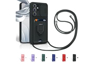 Aithne Case für Samsung Galaxy S23 Ultra 5G Handykette Hüll,Slide kameraschutz,Silikon Handyhülle zum Umhängen Kette,360 Grad Ringhalter Stand Kartenfach-Schwarz