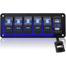 Pannello 5 Interruttori A Dondolo 12V/24V Con LED Blu - Impermeabile Per Auto, Barca, Camper