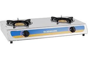 Olsenmark Stainless Steel Double Burner Gas Stove - Auto Ignition - Cast Iron Golden Burner - Heat Resistant Enamel Pan Support