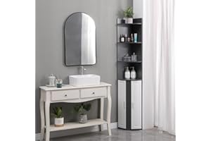 SANERY 6-Tier Corner Display Cabinet, Tall Bathroom Cupboard, Free Standing Triangle Storage Cabinet with 2 Doors for Living Room Kitchen, 180cm Corner Bookcase with Open Shelves for Home Office, Grey