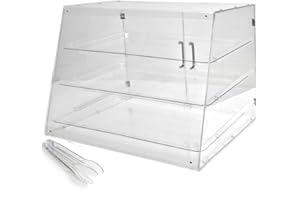 NOWCOOKS Bakery Display Case Countertop for Pastry - Commercial Heavy Duty and Sturdy Stable Clear Acrylic 21" x 16" x 17" with Stainless Steel Handles and Tongs Easy Assembly with one Person