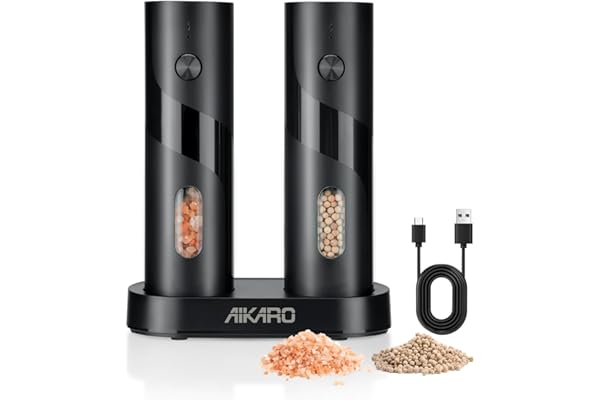 AIKARO - Moulin à sel et au poivre électrique Broyeur à épices automatique, Rechargeable (Ensemble)