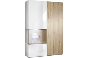 ‎VLADON Vladon Vitrine Kommode Hochschrank Morena, Made in Germany, Korpus in Weiß matt/Rechte Tür und der Einsatz in Eiche Natur, inkl. LED Beleuchtung