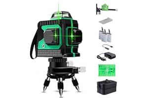 THL&INEW Nivex à bule laser, Niveau laser en crix 3 x 360 auo-équilibrage du niau laser vert, faisceau vert 3D 12 lignes, IP 54 lignes verticales et horizontales (avec batterie 3pcs)