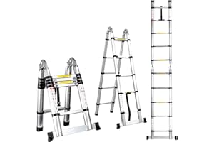 EGTink Escalera telescópica de aluminio, 3,2 m, con pies de goma antideslizantes, carga máxima de 150 kg, EN131