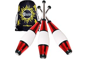 Juggle Dream Euro Pro Malabares Clubs Juego de 3 (¡12 Combinaciones de Colores!) ¡Clubes de Entrenamiento Decorativos metálicos + Bolsa de Viaje Flames N Games! (Rojo)