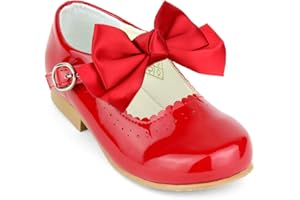 SEVVA Girls Spanish Style Mary Jane Bow Shoes Shiny Patent Children's Shoes Pink, White, Ivory, Navy, Red, Camel UK5-3