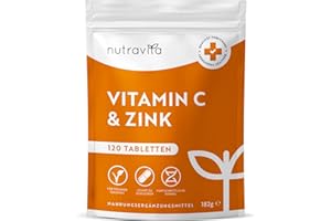 ‎NUTRAVITA Vitamin C & Zink - 120 Tabletten - Hochdosiert mit 1000mg Vitamin C + 20mg Zink - Laborgeprüft, vegan & optimal bioverfügbar - ohne unnötige Zusatzstoffe - Unterstützung des Immunsystems - Nutravita