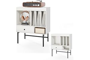 KOMFOTTEU Supporto per Giradischi, Mobile Vinili con Cassetto e Scomparti Aperti, Espositore per Dischi per Album con Telaio in Metallo per Soggiorno, Camera da Letto, Studio (Bianco)